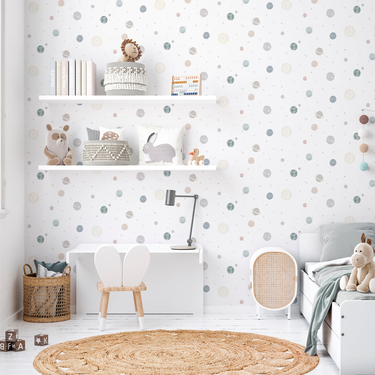 Decoración del cuarto infantil con papel pintado Planetas