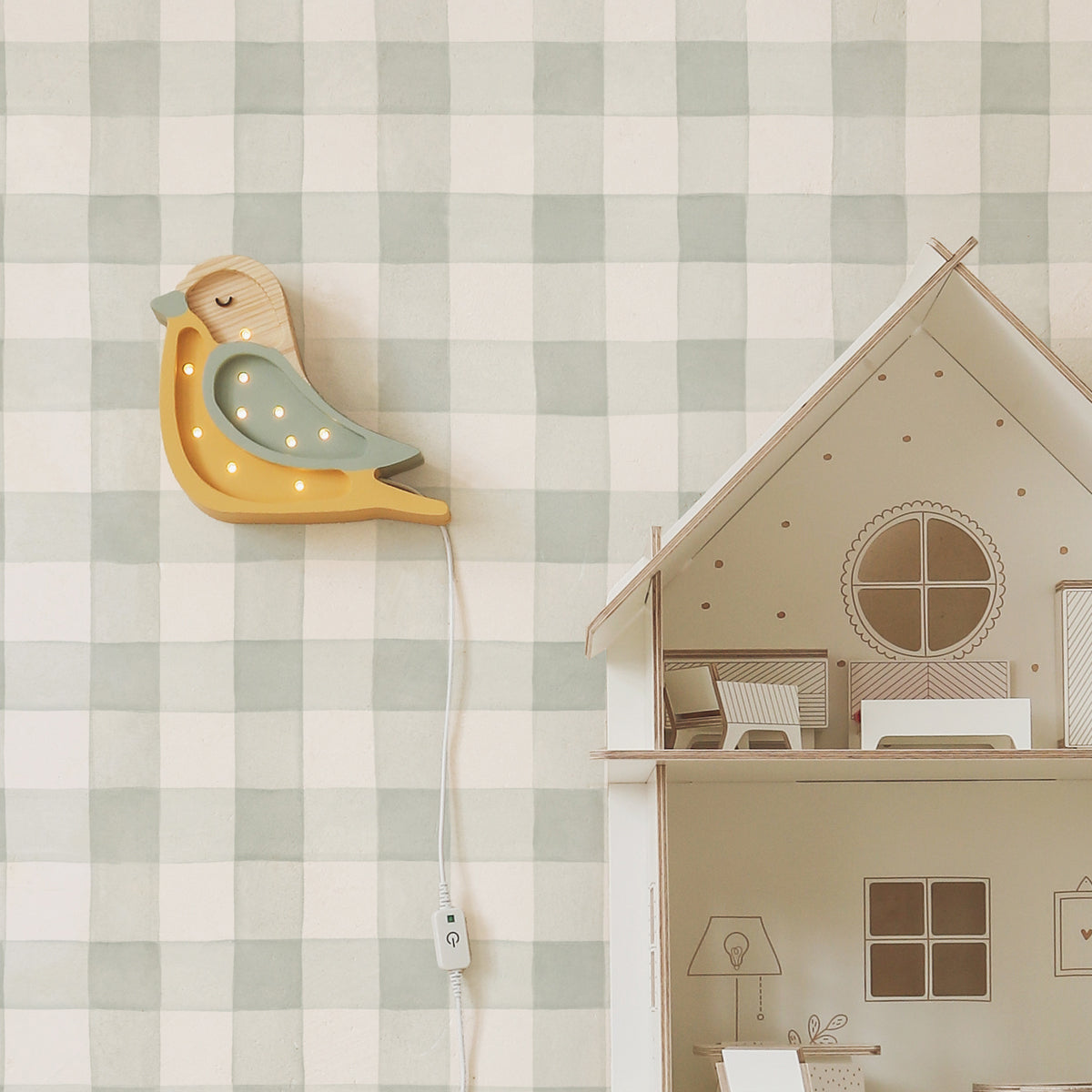 Lampara LED de madera pájaro para cuarto infantil color verde y mostaza