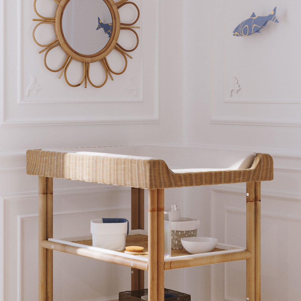 Mueble para cambiar el bebé de ratán y madera