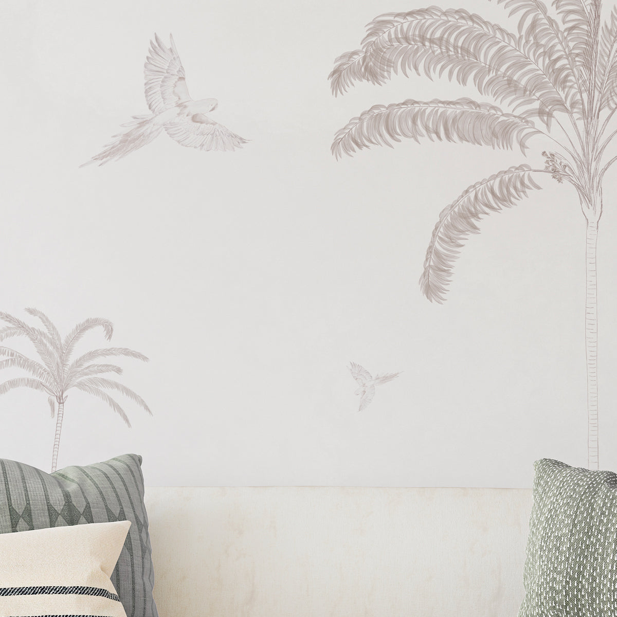 Mural de papel pintado con dibujos tropicales color sepia para decorar el salón