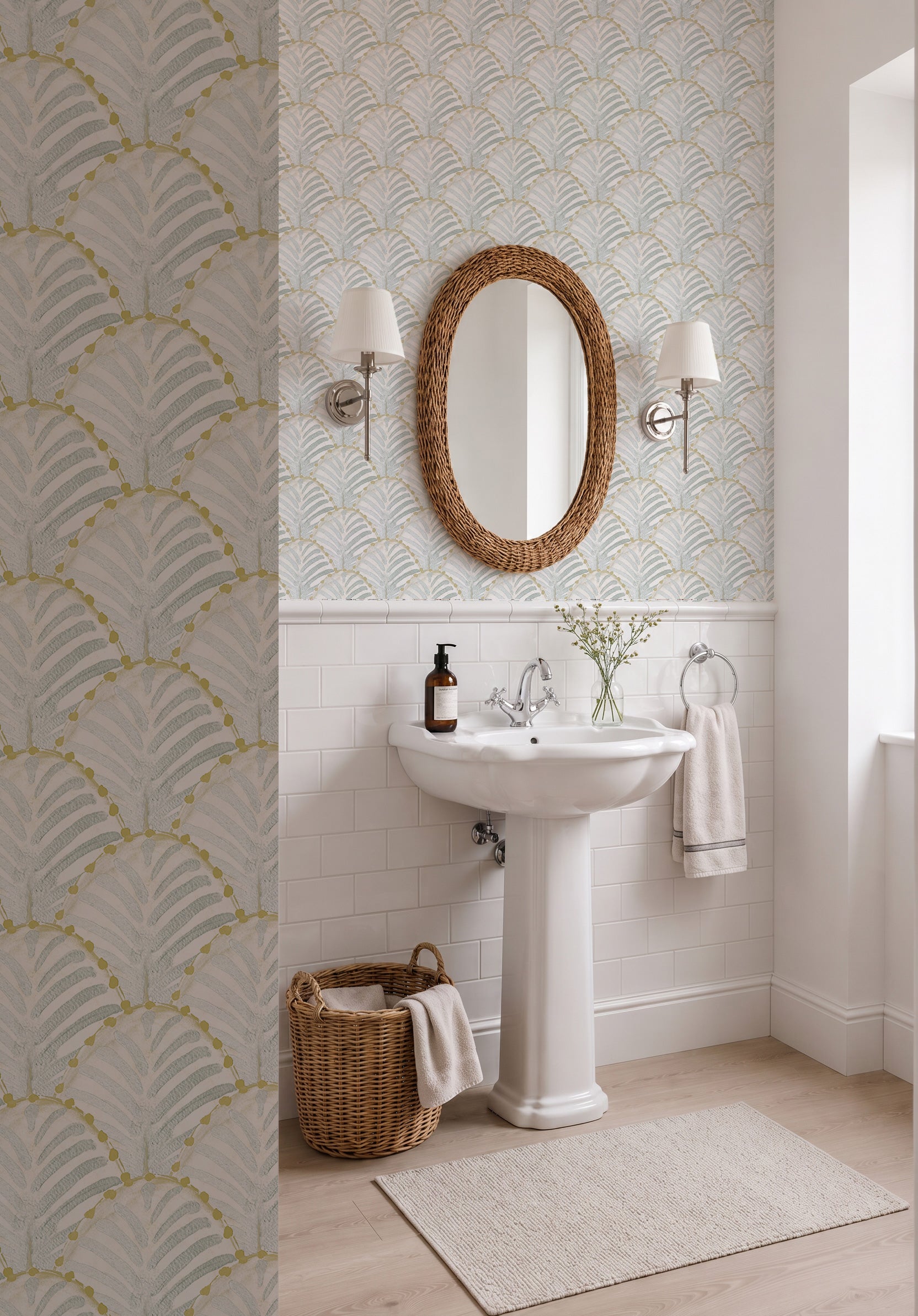 Papel pintado COnchas para decorar baños en color mostaza y verde agua