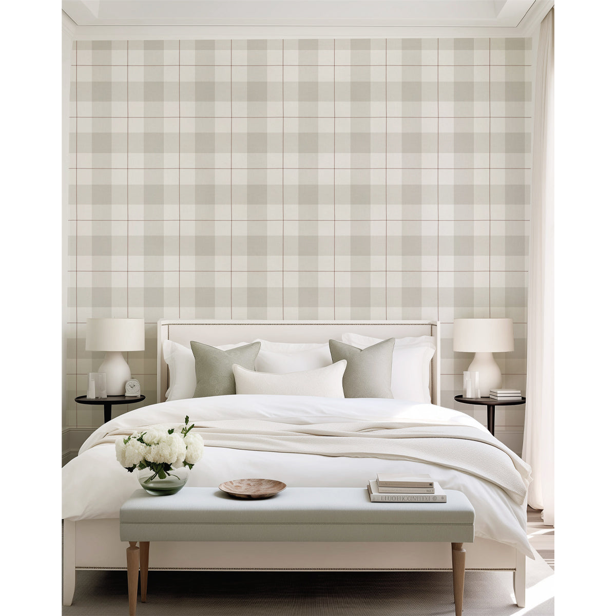 Papel pintado cuadros gingham color beige y rojo granate