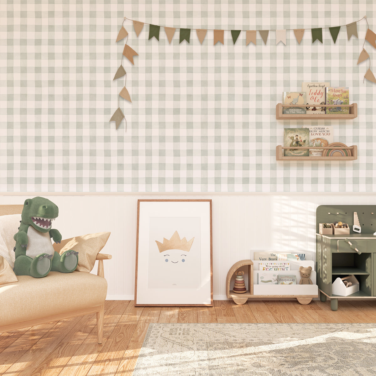Papel pintado Cuadros verde y blanco para decoración de habitación infantil