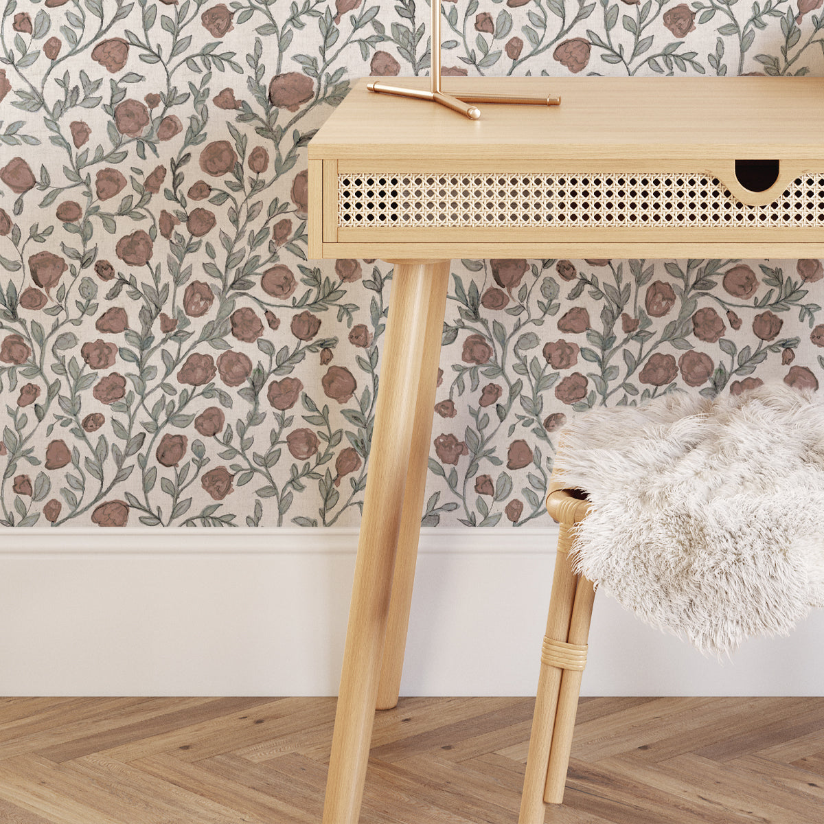 Papel pintado dibujo flores rojo grisáceo y verde ahumado