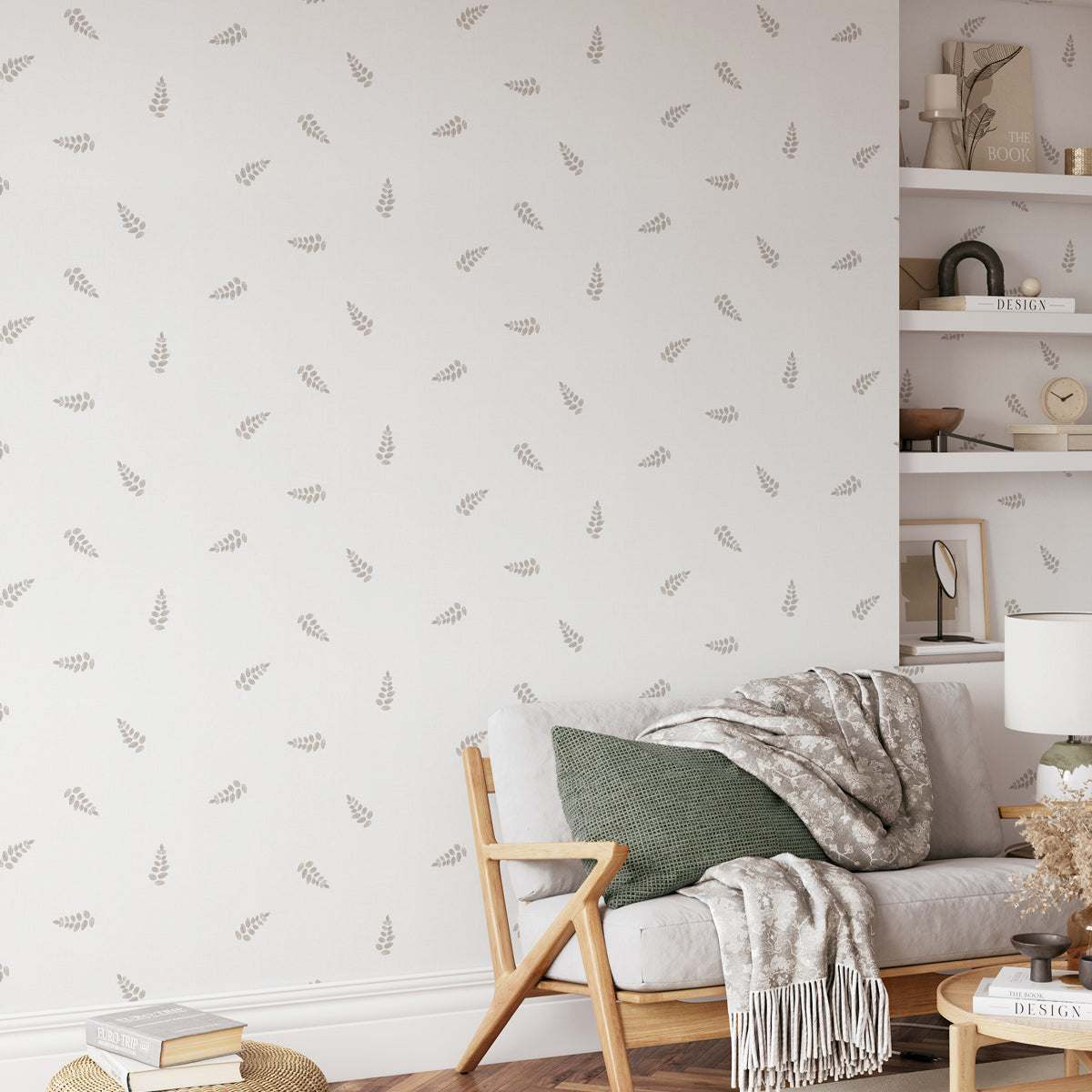 Papel pintado con dibujos de hojas beige y blanco con marrón para la decoración de interiores