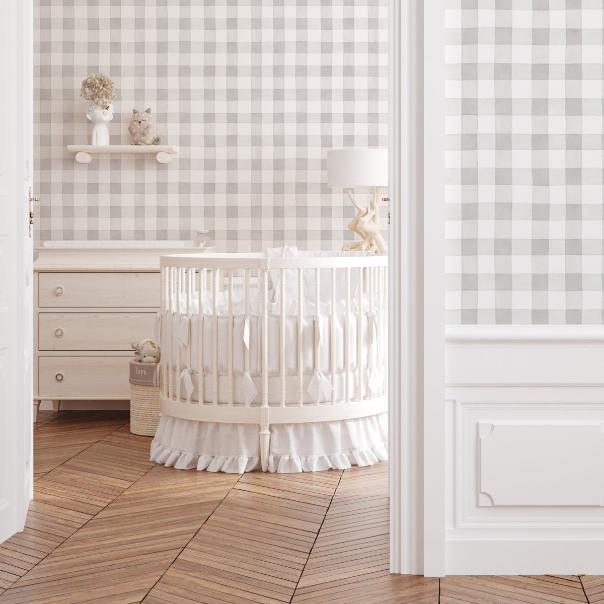 Papel pintado estampado de cuadros gris infantil