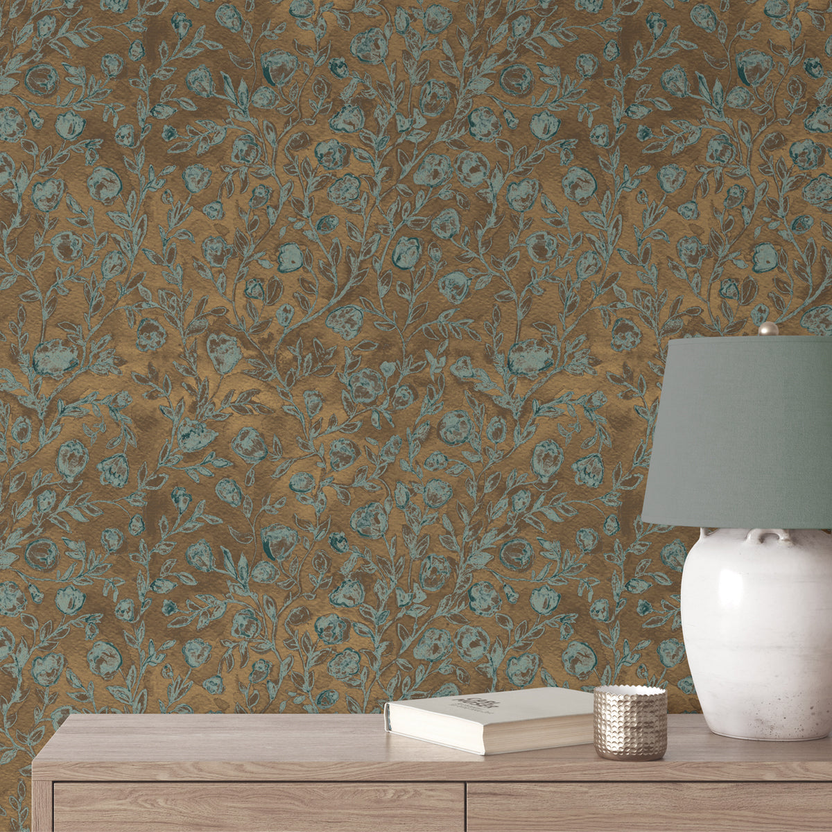 Papel pintado Shabby Flowers Golden Turquoise