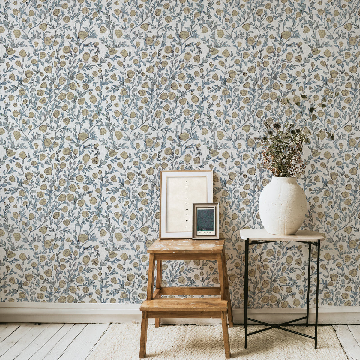 Papel pintado floral vintage amarillo y azul turquesa