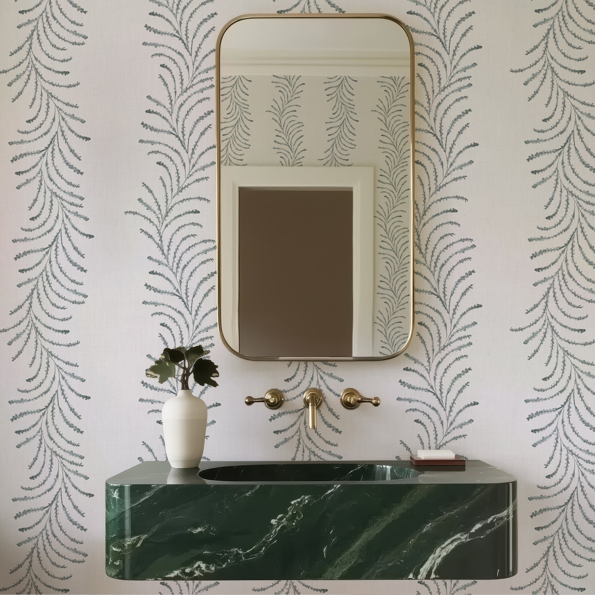 Papel pintado Ondine con diseños botánicos color verde grisaceo