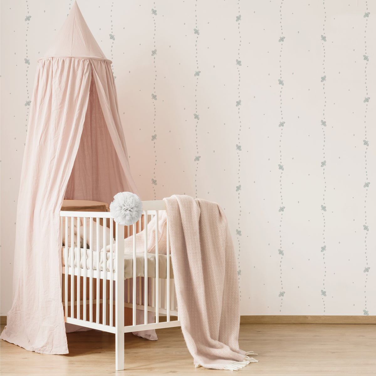 Papel pintado rayas dibujo de abejas y puntitos para decoración de la habitación infantil