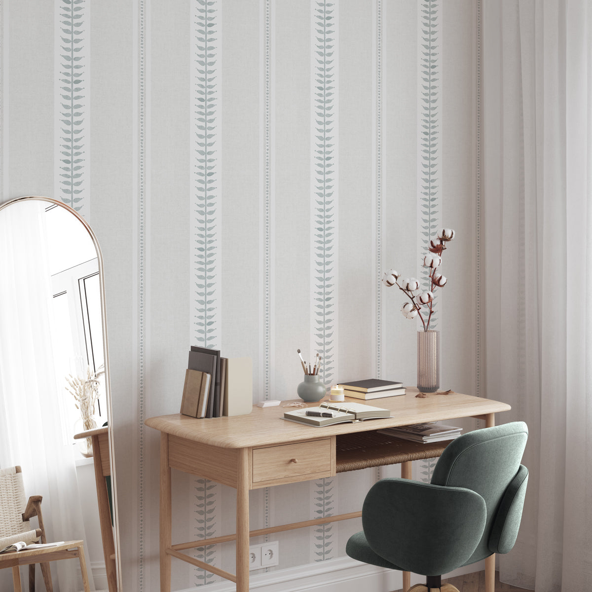 Papel pintado Rayas elegantes beige y verde para decorar habitaciones