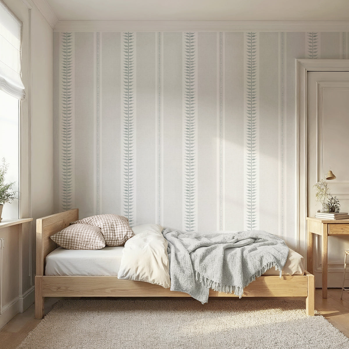 Papel pintado Rayas largas verde grisaceo y beige