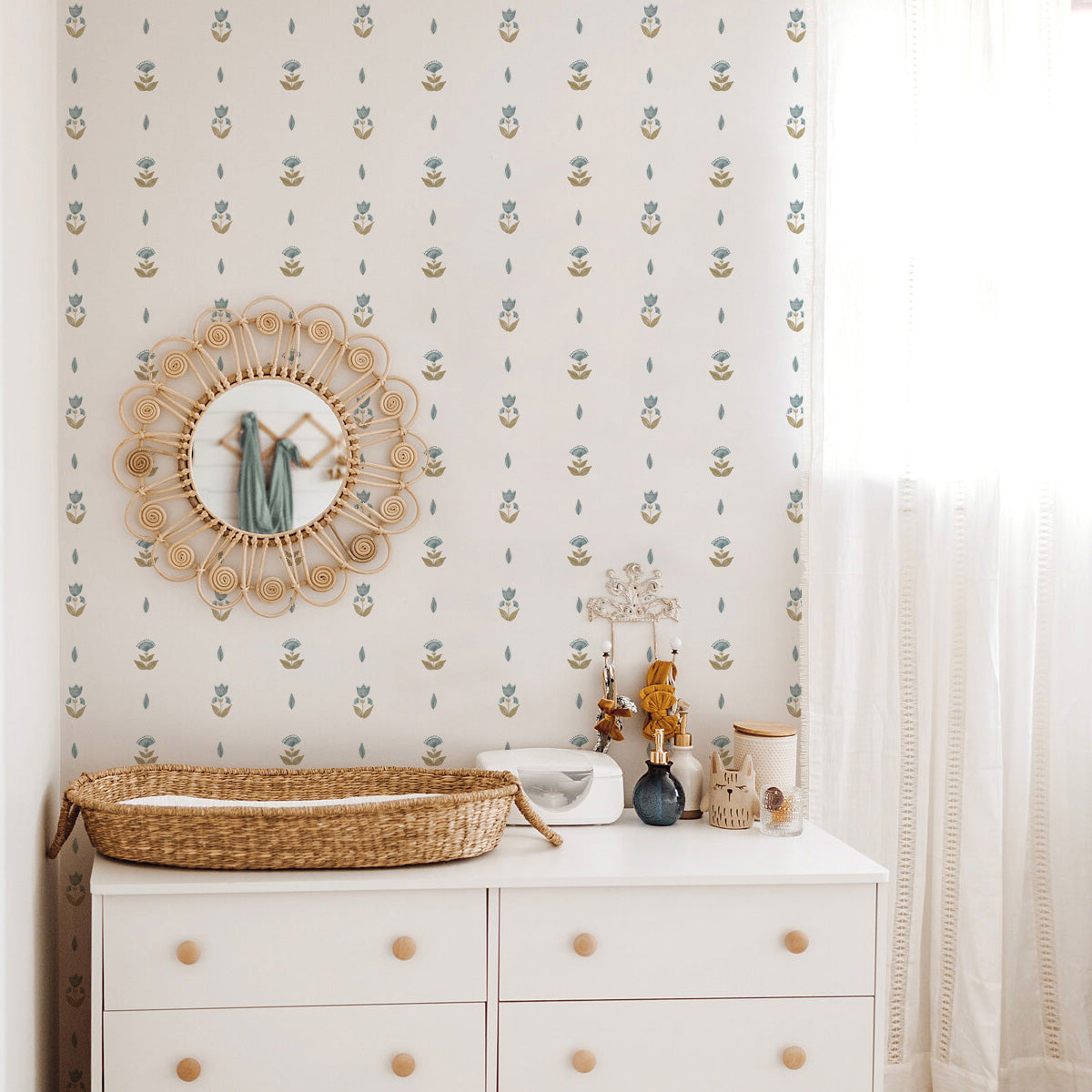 Papel pintado Romántico mostaza y azul para cuartos de niñas