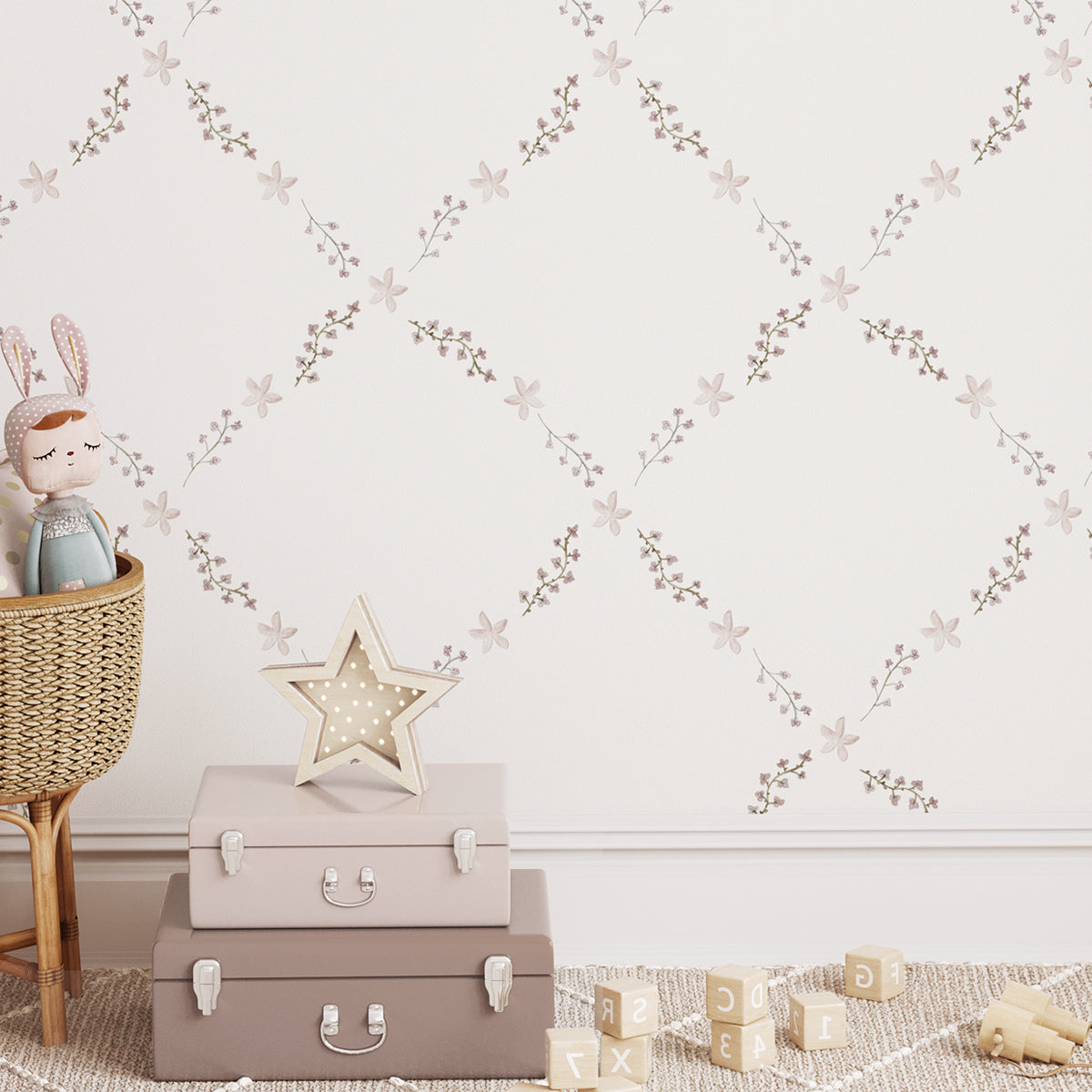 Papel pintado Romántico con rombos de flores para decoración de habitación infantil