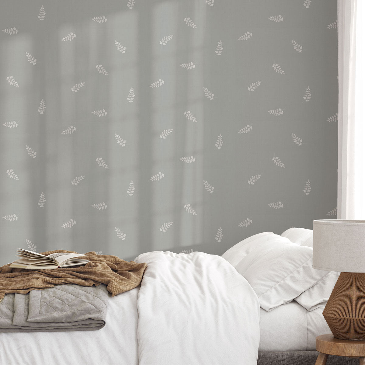 Papel pintado verde grisáceo con hojas otoñales para la decoración