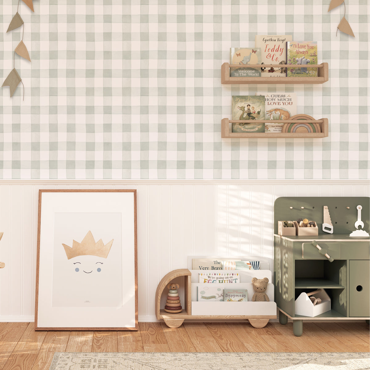 Papel pintado Vichy verde para decorar cuartos infantiles