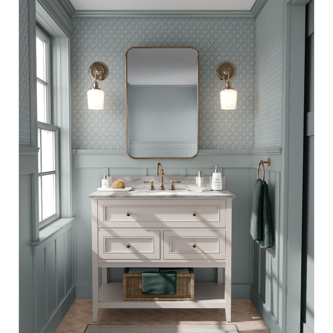 Con nuestro Papel Pintado Cologne verde podrás crear un elegante diseño que se adapta a distintas estancias como el baño o el dormitorio del hogar. Con un patrón atemporal y clásico que te transportará a una atmósfera tranquila y relajante.