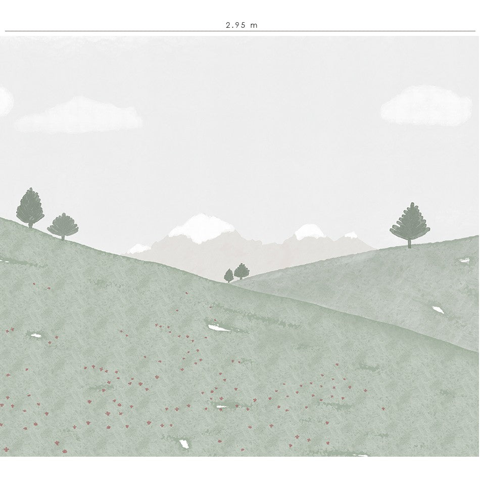 El mural de pared Mis Pirineos presenta un delicado diseño capaz de transmitir alegría y mucha paz a la decoración del cuarto infantil.