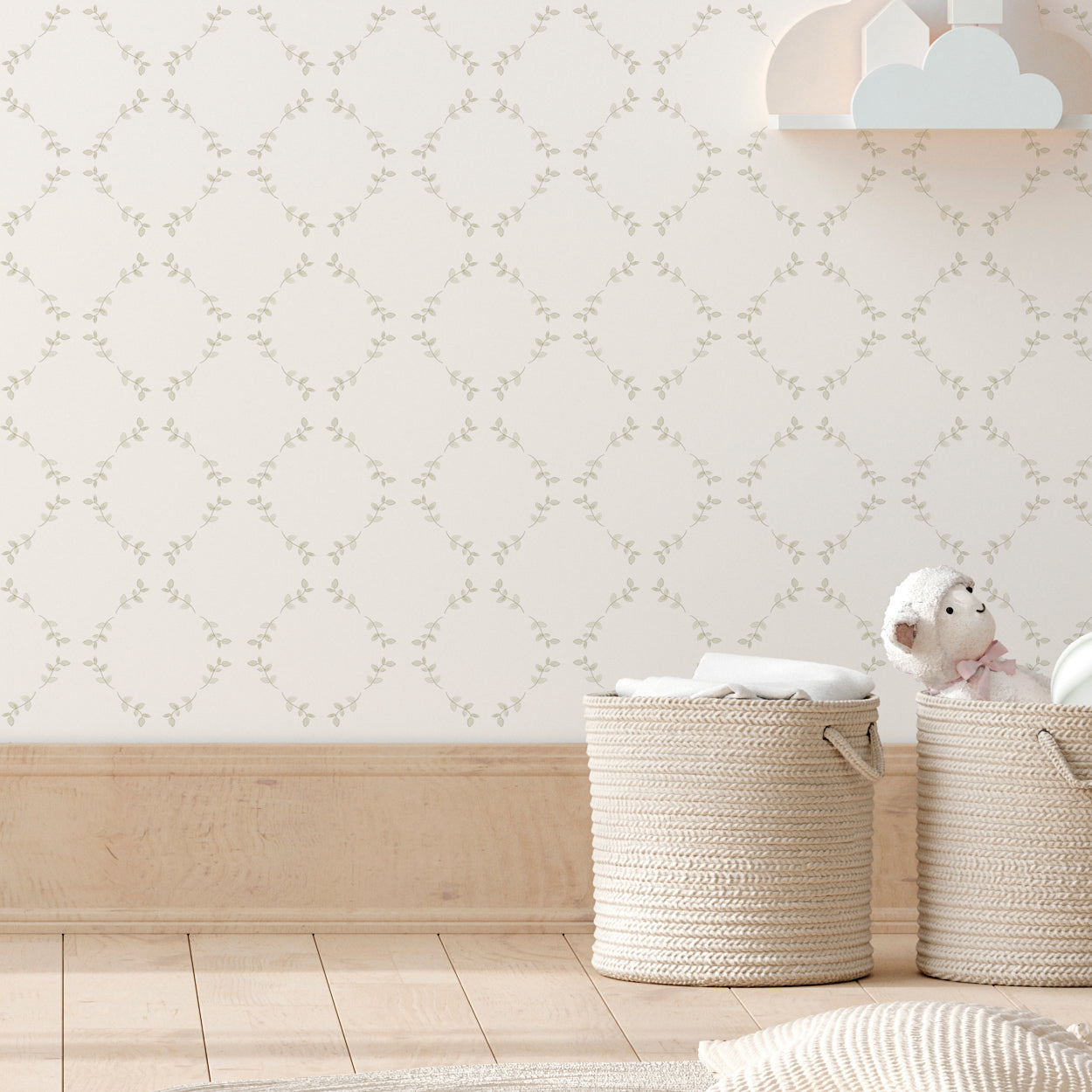 Papel pintado para el cuarto del bebé de ramitas verde grisáceo