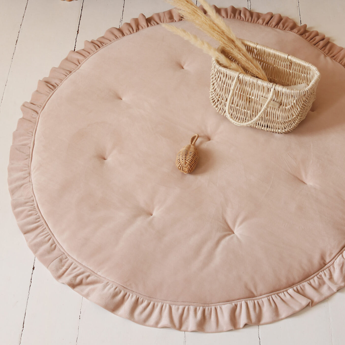 Alfombra de juegos infantil de terciopelo color rosa antiguo redonda