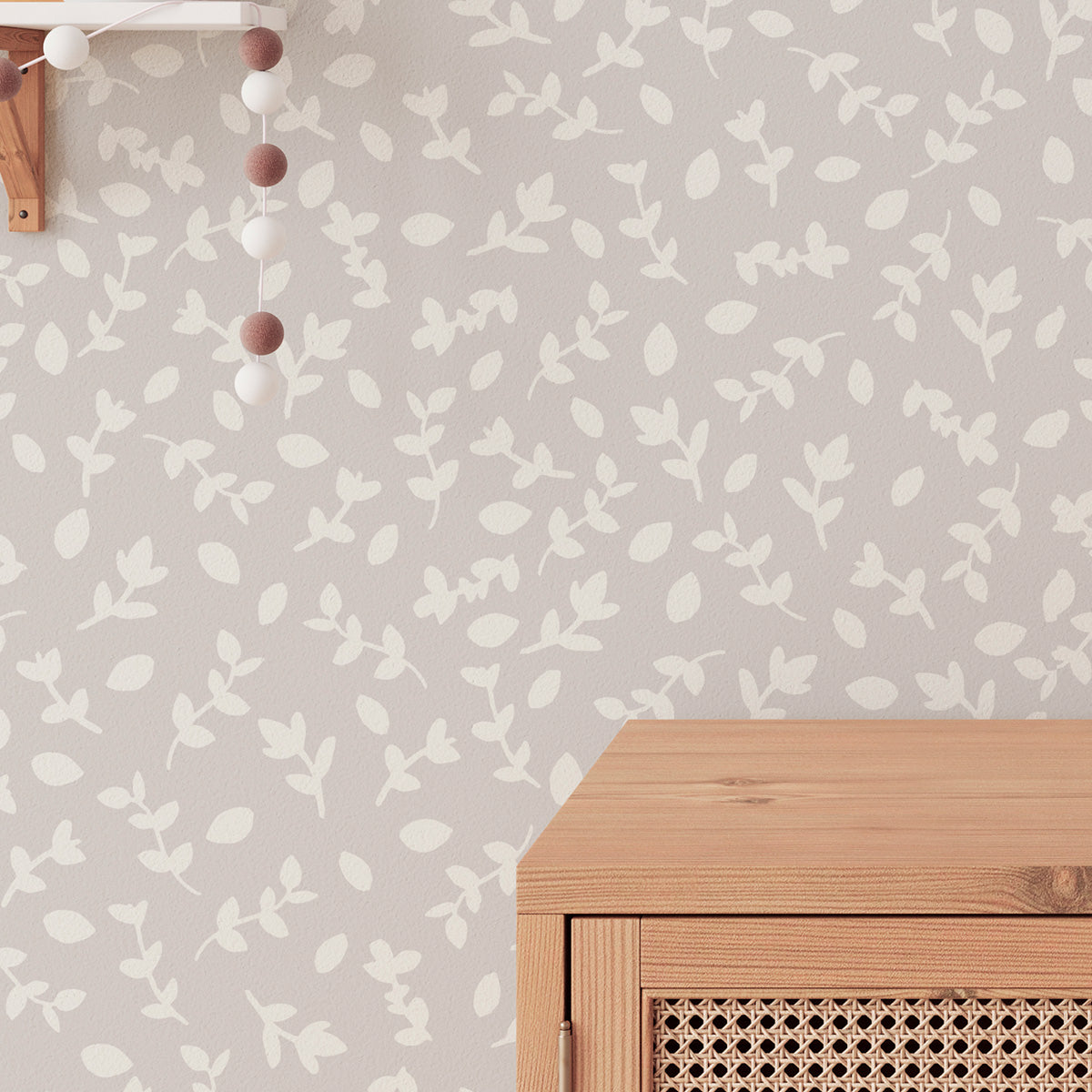 Decorar habitación de niños con papel pintado ramas beige y gris