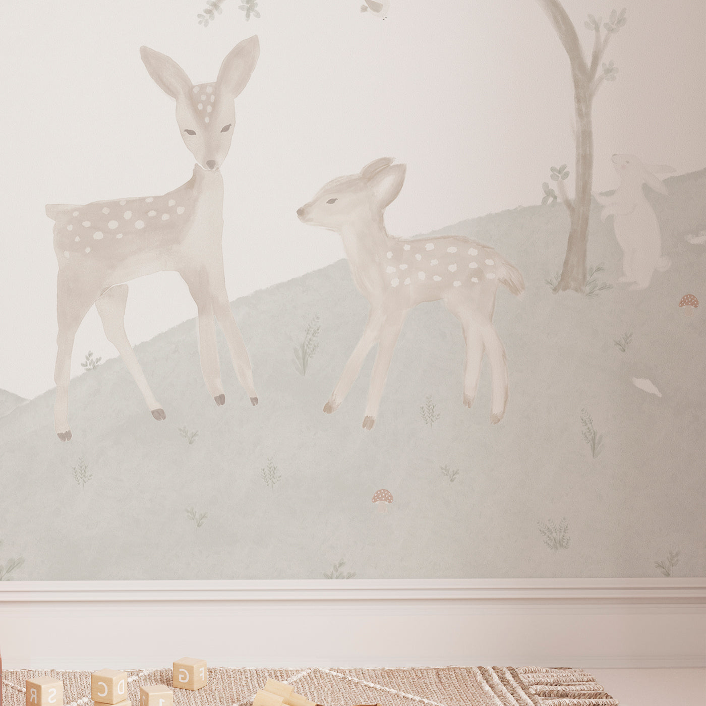 Mural decorativo con dibujos de ciervos, oso y conejos infantil