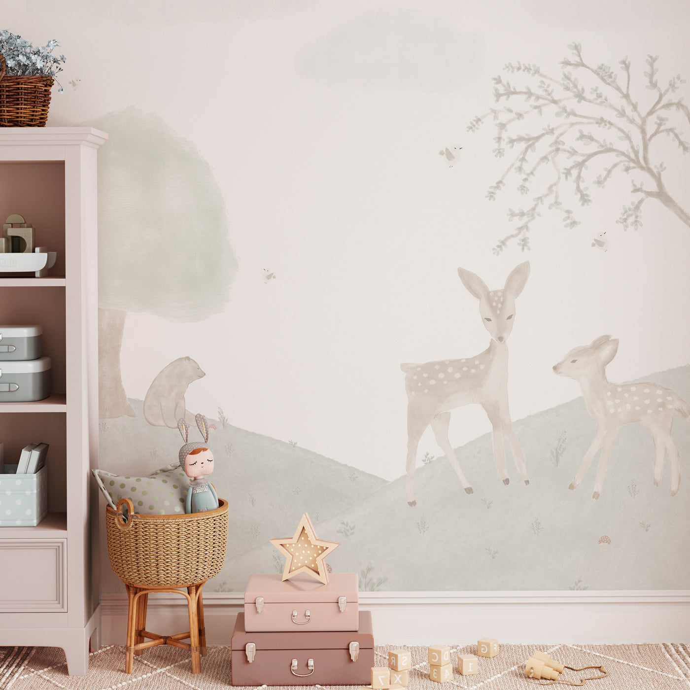Mural infantil animales del bosque con ciervos