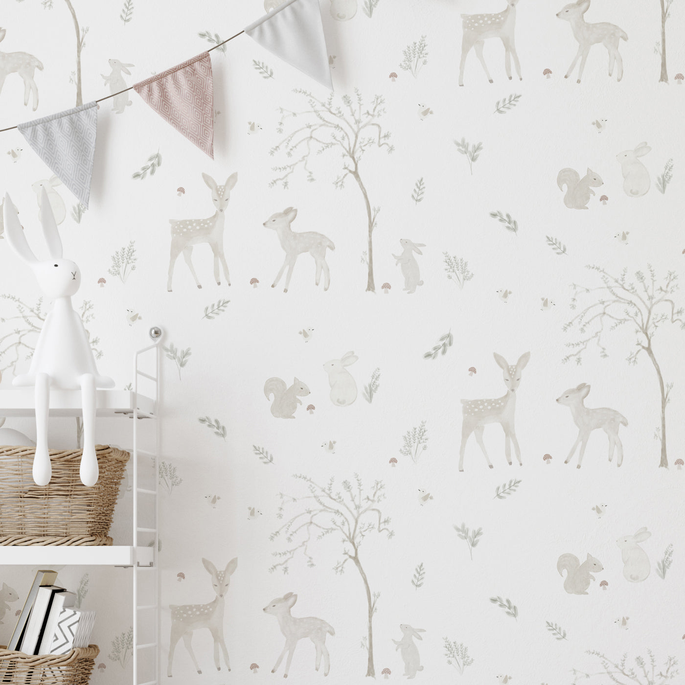 Papel pintado Bosque con cervatillos y conejos para decoración infantil
