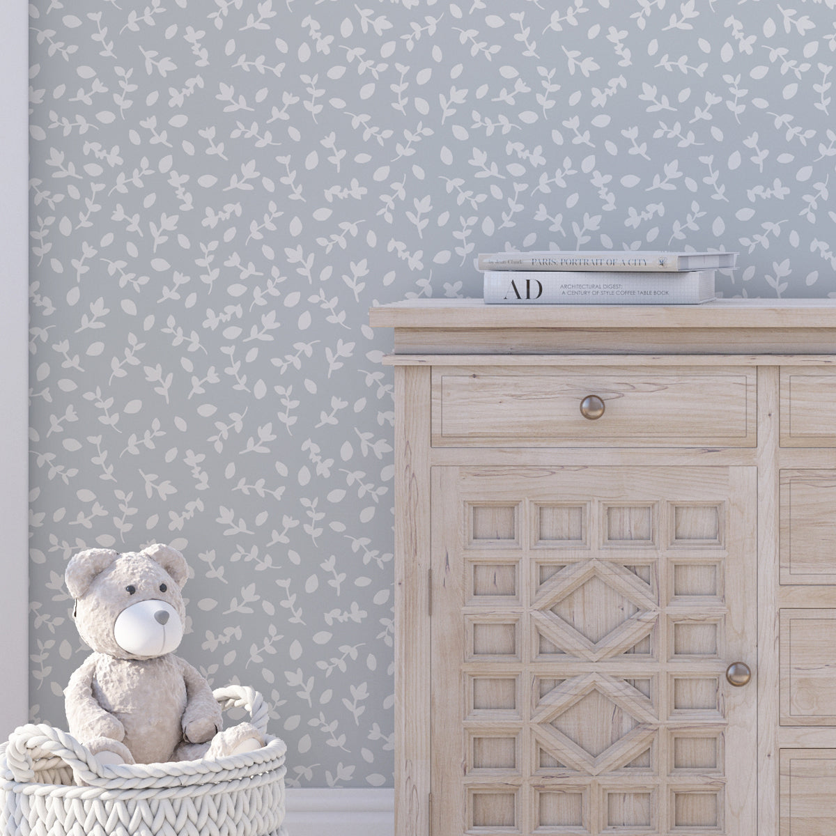 Papel pintado Ramitas azul para decorar cuartos de bebés