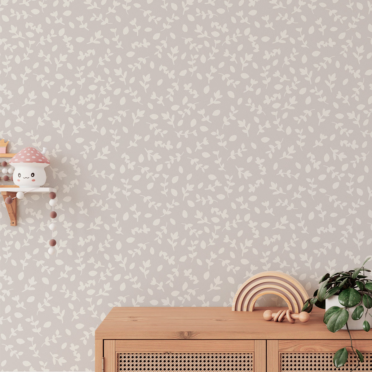 Papel pintado Ramitas greige para decoración neutra de la habitación del bebé