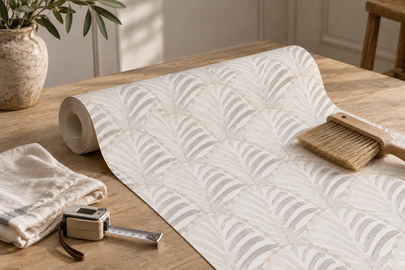 Papel Les Coquilles Gray Sand, brocha y cinta métrica sobre una mesa de madera.