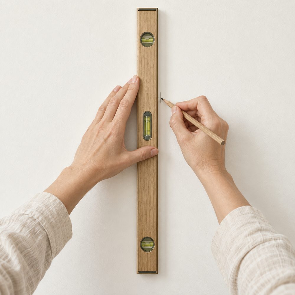 Nivel colocado verticalmente contra la pared y mano marcando una referencia.