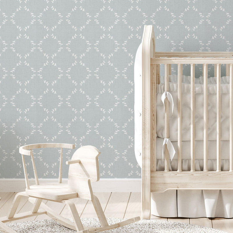 Decoración de habitación infantil con papel pintado Ramitas Geométricas con textura de lino