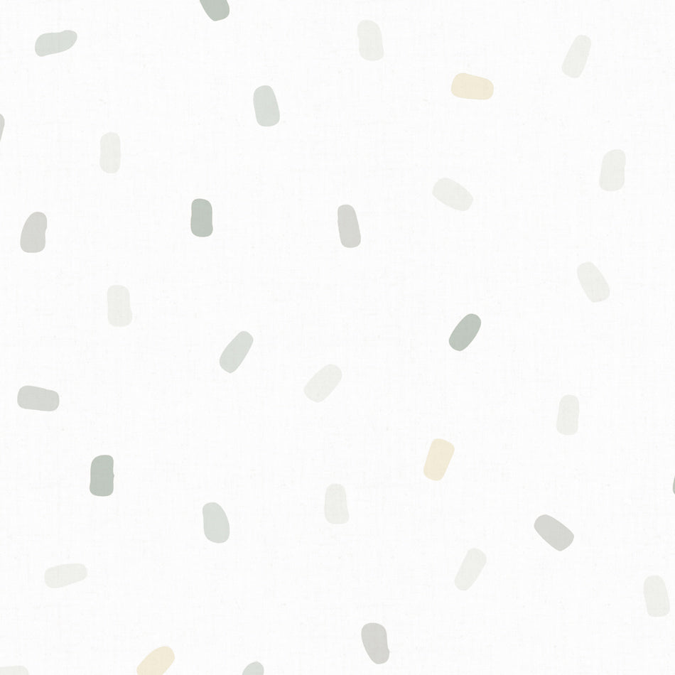 Habitación de bebé con papel pintado de puntitos verde gris y amarillo