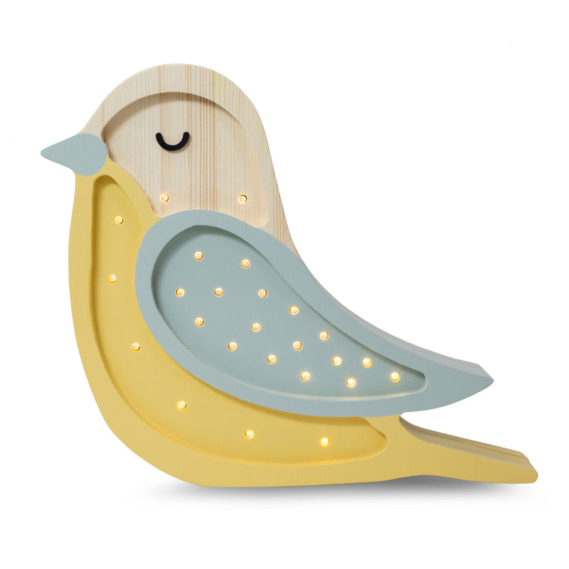 Lampara de madera infantil pájaro amarillo mostaza