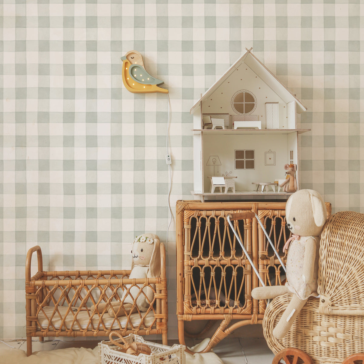 Lámpara de madera infantil forma de Pájaro para decoración del cuarto del niño color verde y mostaza