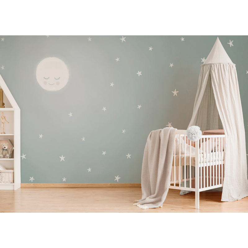 Mural infantil cielo con estrellas verde para decorar cuartos de niños con tema cielo