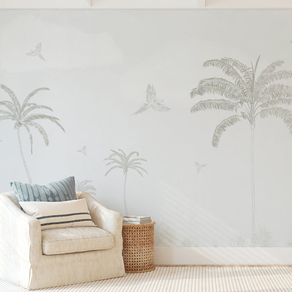 Murale verde crema con palme tropicali