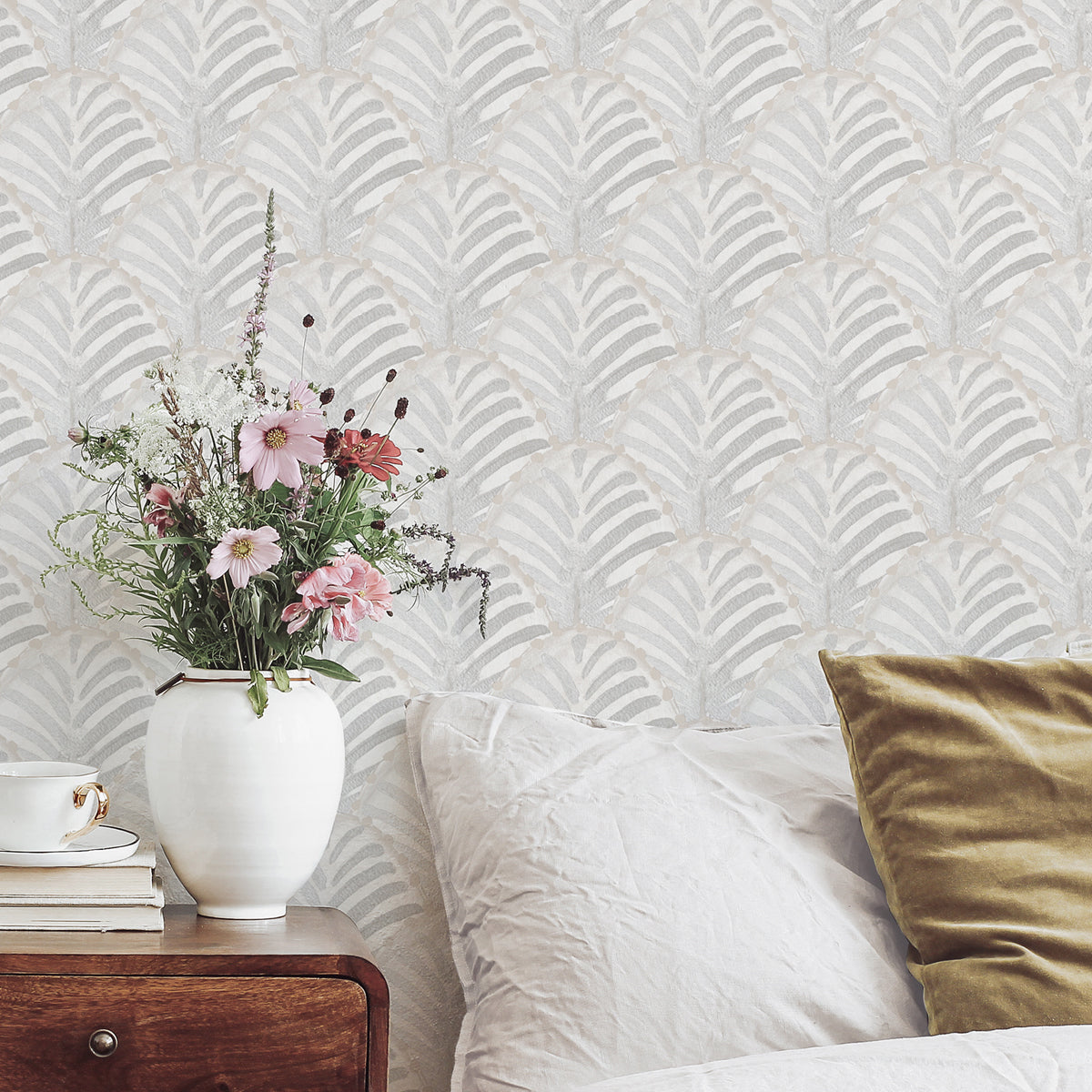 Papel pintado Conchas gris y beige para decoración de casas veraniegas