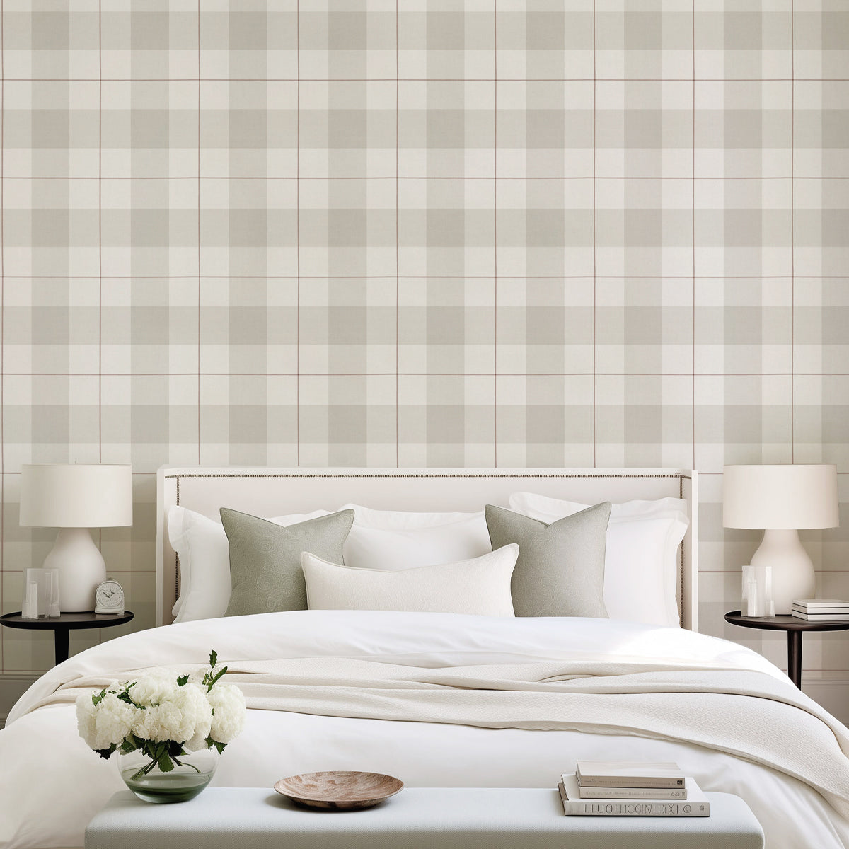 Papel pintado cuadros gingham beige y granate para decoración de dormitorios