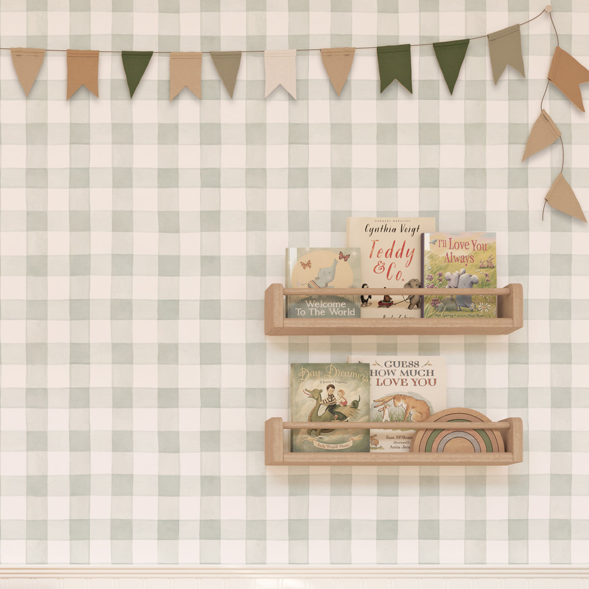 Papel pintado Cuadros verde estampado vichy para habitación de niños