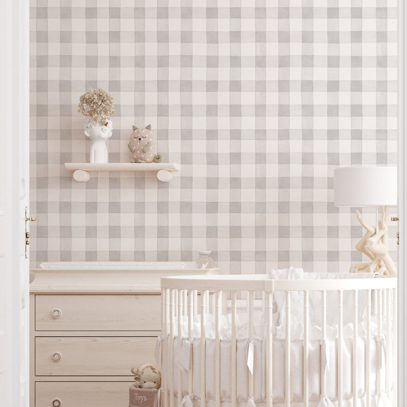 Papel pintado cuadros vichy gris y beige para decoración de habitación de niños