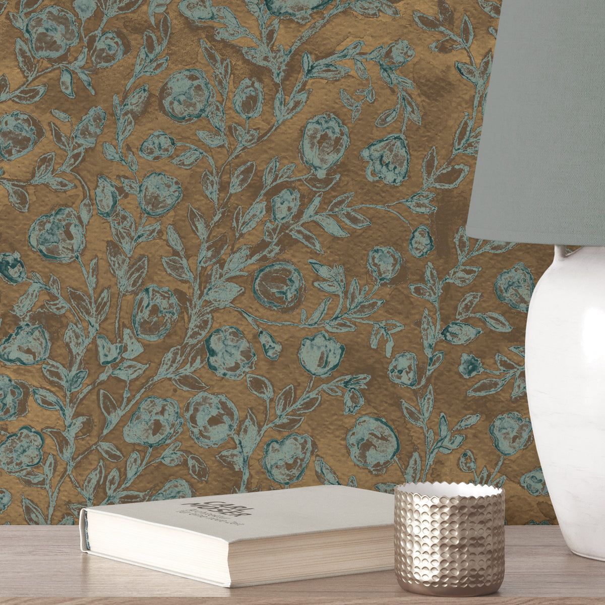 Papel pintado Shabby Flowers Golden Turquoise