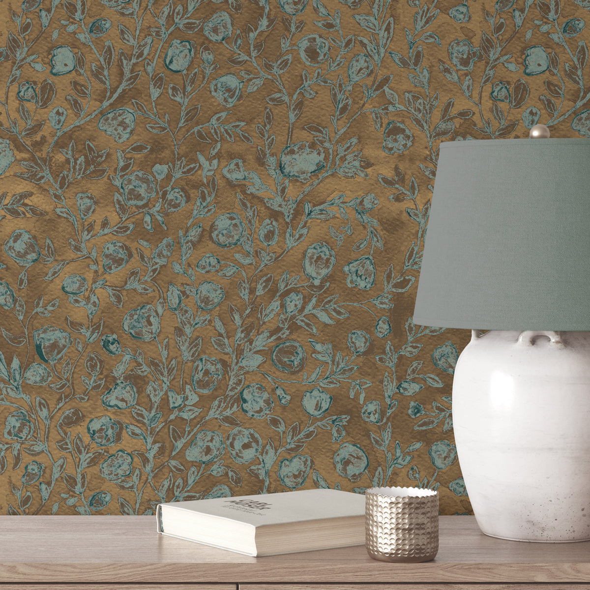 Papel pintado Shabby Flowers Golden Turquoise