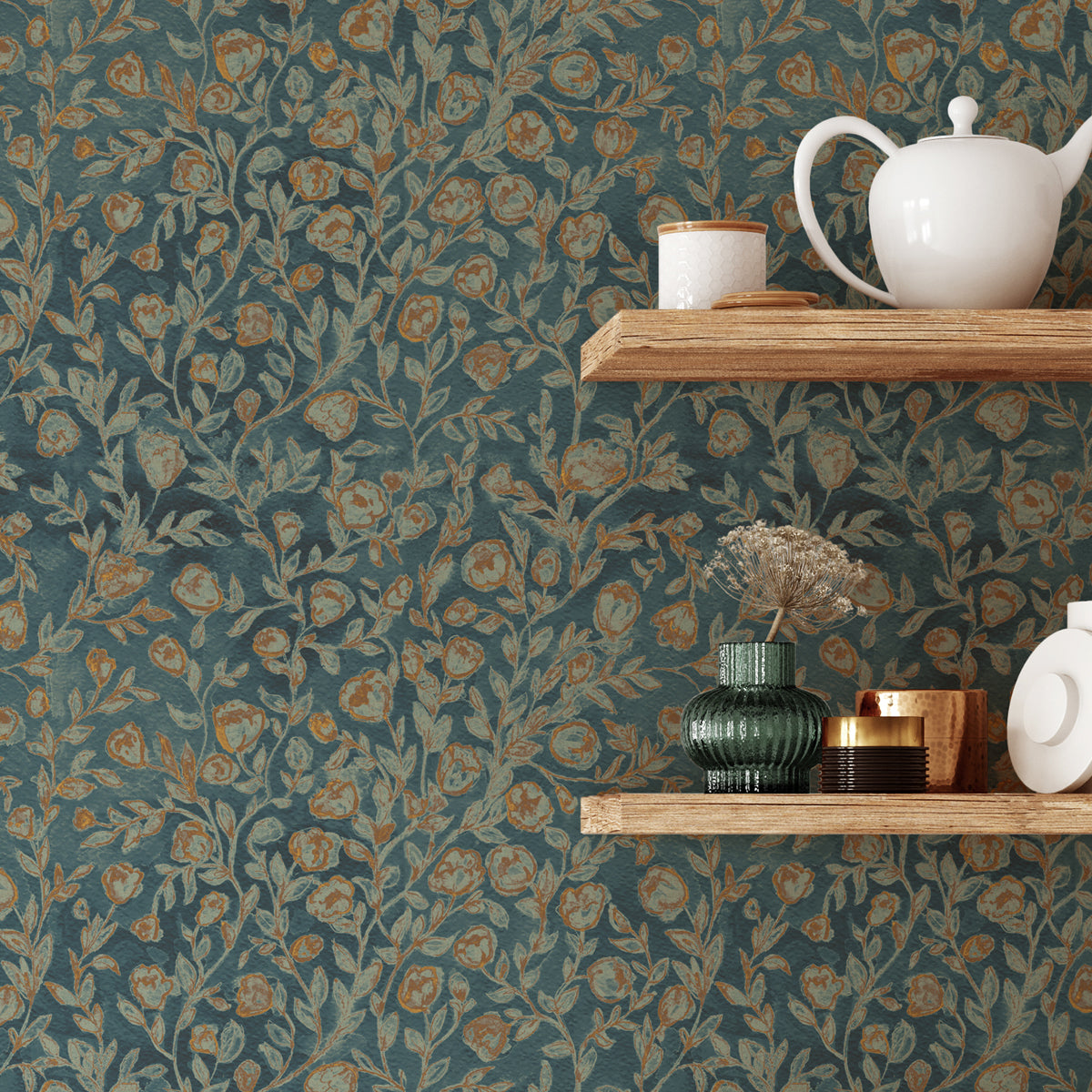 Papel pintado con dibujo de flores vintage verde y mostaza