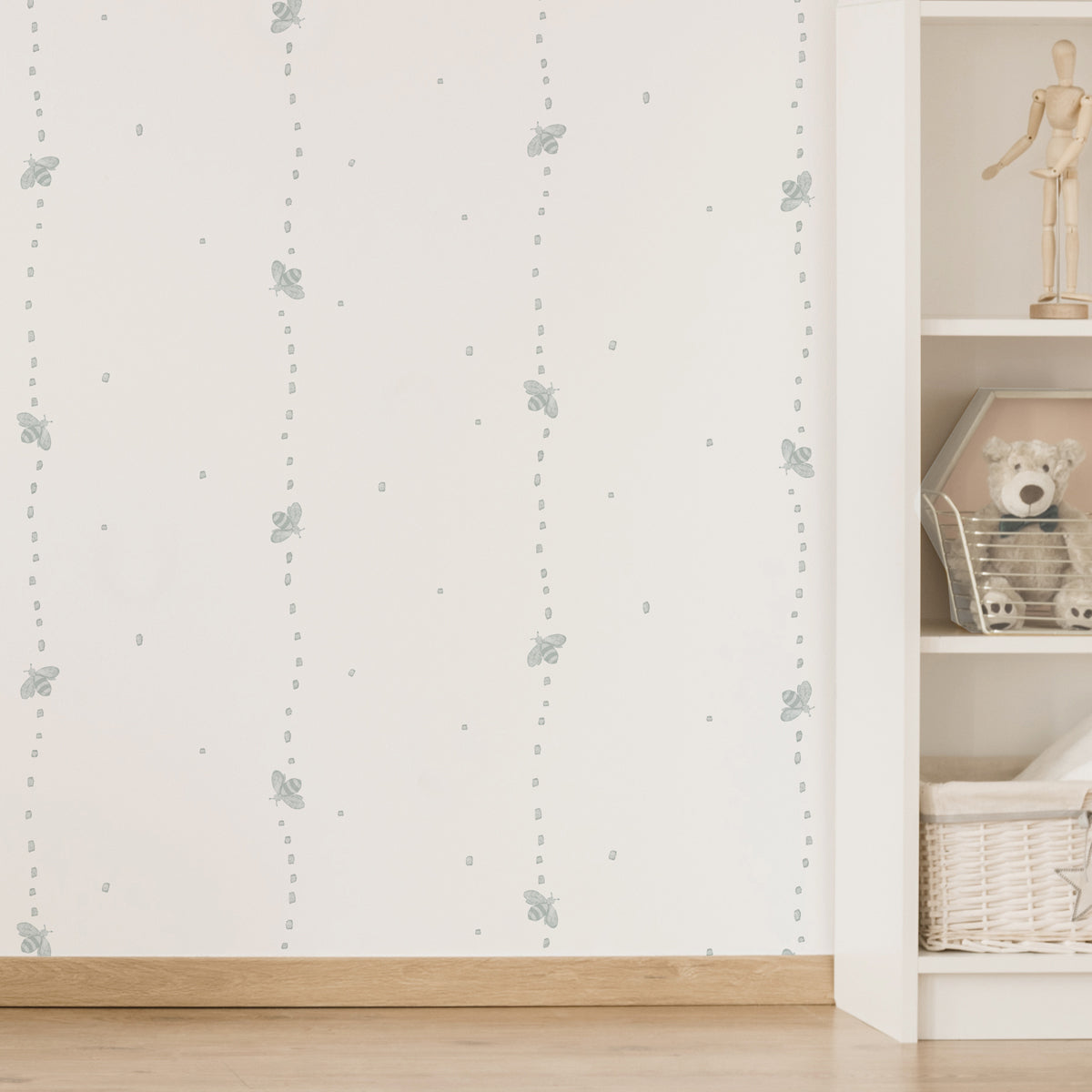 Papel pintado con dibujos de abejas color verde gris para decoración infantil