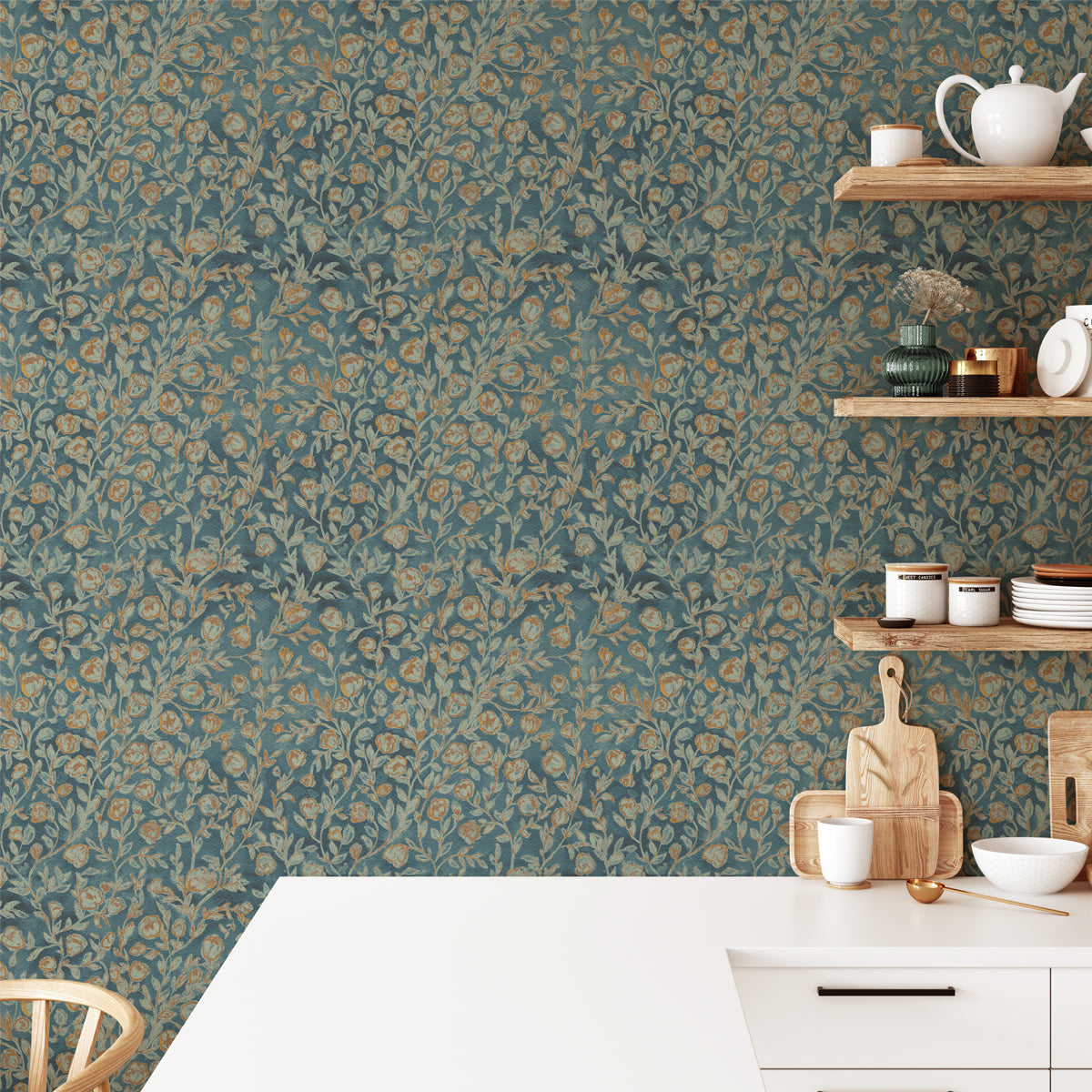 Papel pintado floral verde y mostaza para decoración de la pared