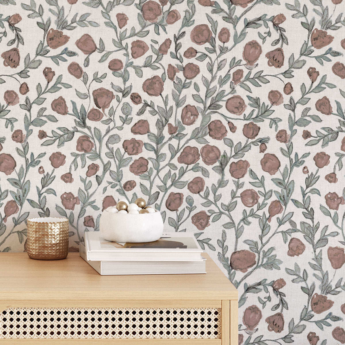 Papel pintado floral vintage rojo granate y verde grisaceo