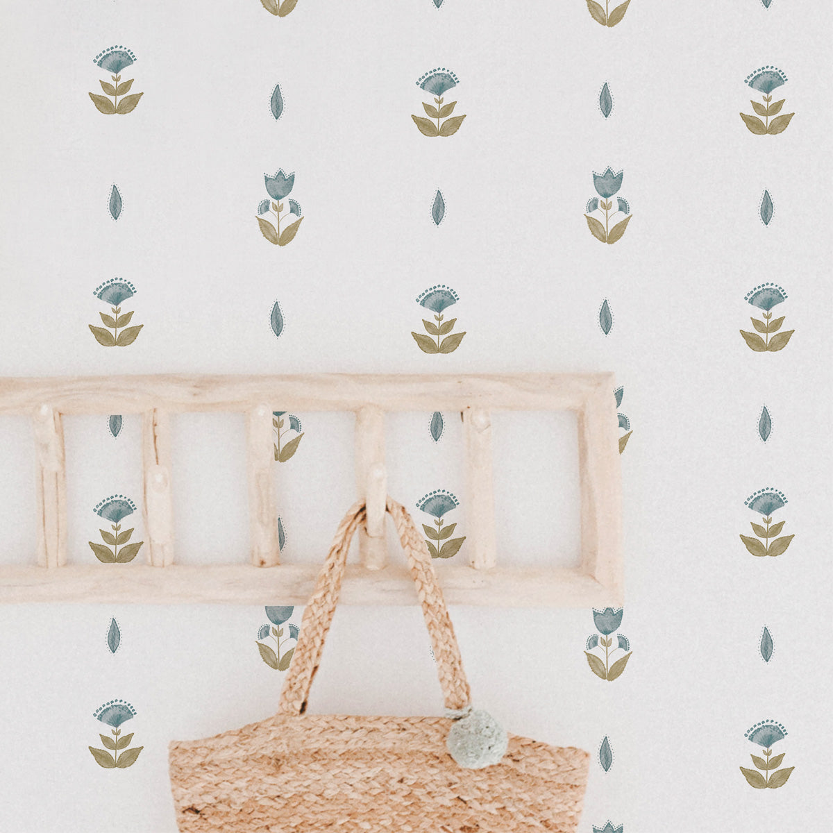 Papel pintado Flores Indias color mostaza y azul