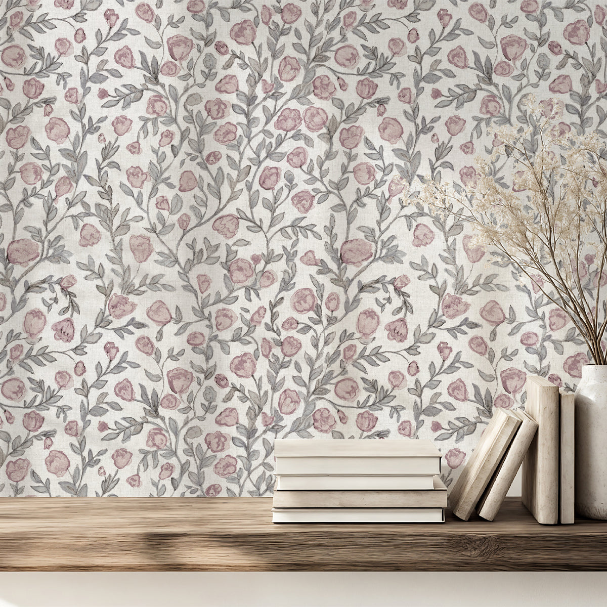 Papel pintado flores vintage rosa claro y gris